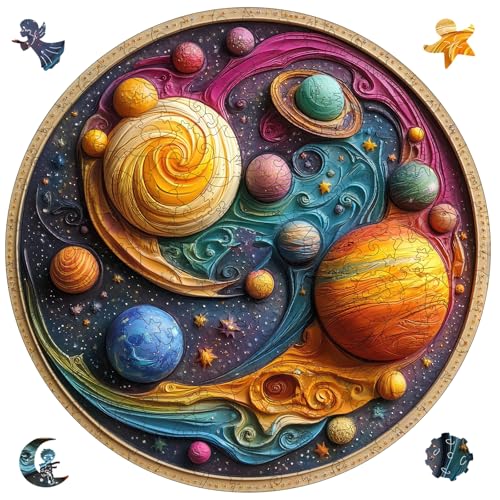 Qiuenisray Wooden Puzzle 3D Visual Effect Solar System Planet Jigsaw Puzzles Wall Decor Puzzle FSC Certified Unique Space Puzzle Shape 200 Piece Creative Gift for Family Game 111 x 112 in - Image 1