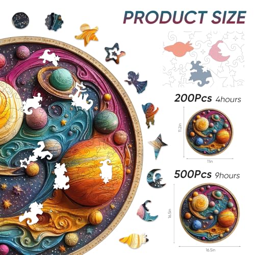 Qiuenisray Wooden Puzzle 3D Visual Effect Solar System Planet Jigsaw Puzzles Wall Decor Puzzle FSC Certified Unique Space Puzzle Shape 200 Piece Creative Gift for Family Game 111 x 112 in - Image 5
