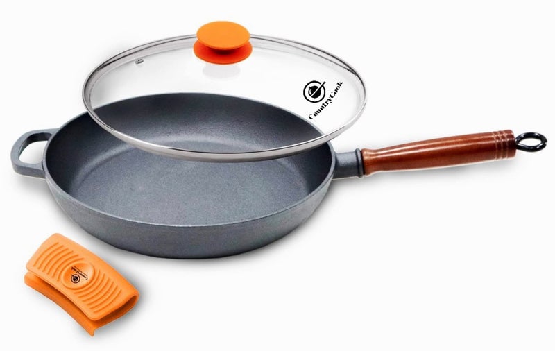 CountryCook Pre-Seasoned Wooden Handle Cast Iron Frying Pan 26 cms with Glass Lid, Induction Friendly, Non-Toxic, Enamel Free Cookware (Fry Pan - Wooden Handle, 26 cms) - Image 1