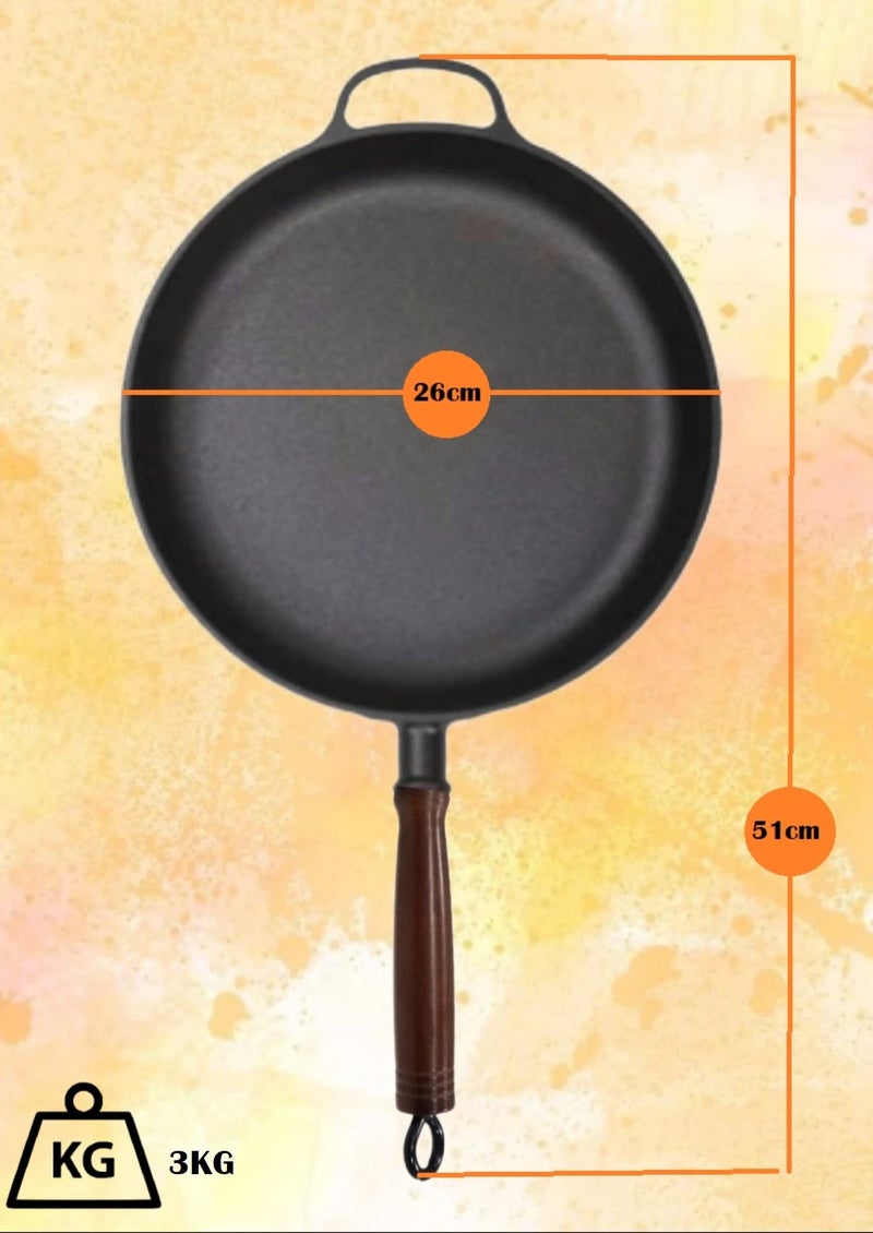 CountryCook Pre-Seasoned Wooden Handle Cast Iron Frying Pan 26 cms with Glass Lid, Induction Friendly, Non-Toxic, Enamel Free Cookware (Fry Pan - Wooden Handle, 26 cms) - Image 2