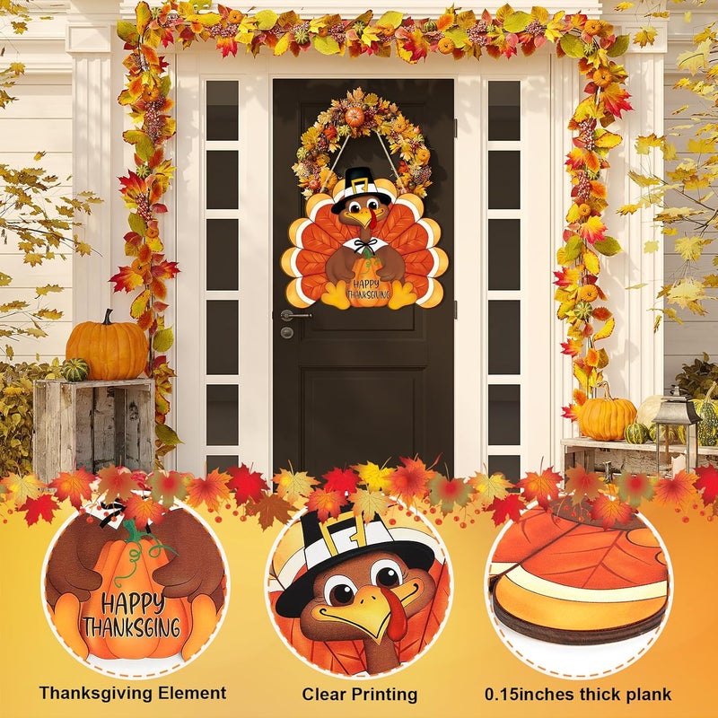 Sophena Thanksgiving Decoration Wooden Turkey Pumpkin Door Wreath for Front Door Sign Wall Signs, Thankful Blessed Grateful Pumpkin Sign Hanging for Fall Autumn Harvest Home Halloween Decoration - Image 2