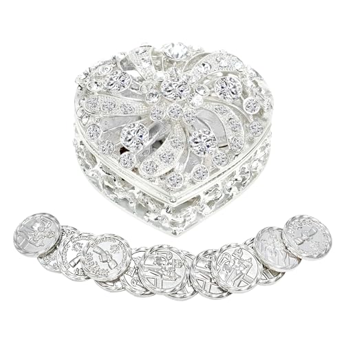 ESNOY Wedding Arras Coins Set, Arras De Boda Catolica, Arras Para Boda Catolica Silver Heart Shaped Box with Decorative Rhinestone Crystals,Arras De Boda Cristiana,Regalos de Boda,Arras de Matrimonio - Image 1