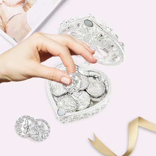 ESNOY Wedding Arras Coins Set, Arras De Boda Catolica, Arras Para Boda Catolica Silver Heart Shaped Box with Decorative Rhinestone Crystals,Arras De Boda Cristiana,Regalos de Boda,Arras de Matrimonio - Image 4