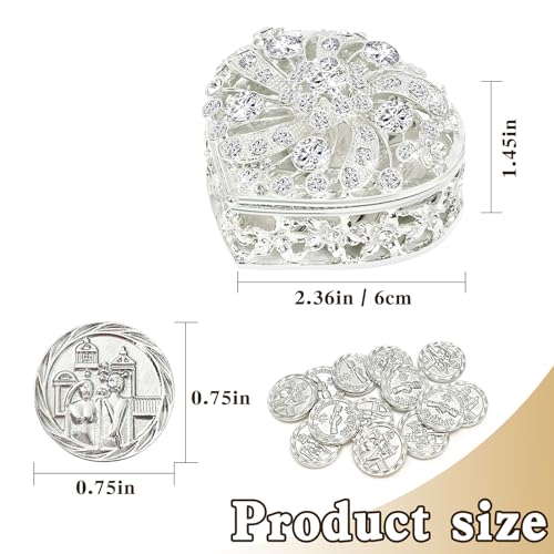 ESNOY Wedding Arras Coins Set, Arras De Boda Catolica, Arras Para Boda Catolica Silver Heart Shaped Box with Decorative Rhinestone Crystals,Arras De Boda Cristiana,Regalos de Boda,Arras de Matrimonio - Image 2