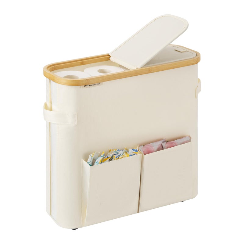 StorageWorks Toilet Paper Storage Baskets with Dual Flip Lids, Toilet Paper Organizer for Bathroom, Toilet Paper Container with Side Pocket, Holds 9 Mega or 12 Regular Rolls, Medium, Beige - Image 1