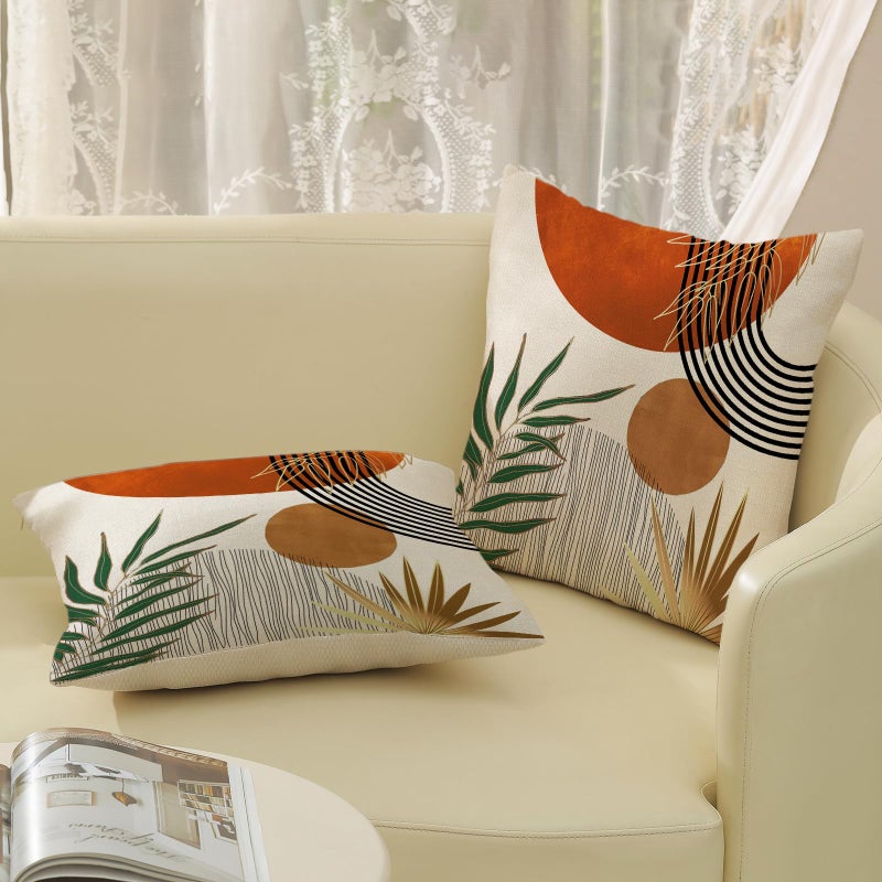 GOLIANDA Boho Pillow Covers 18x18 Set of 2 Green Gold Orange Throw Pillows Tropical Leaves Sunset Decor Modern Mid Century Pillowcase Outdoor Decorations Bohemian Linen Cushion Case for Couch Sofa Bed - Image 4