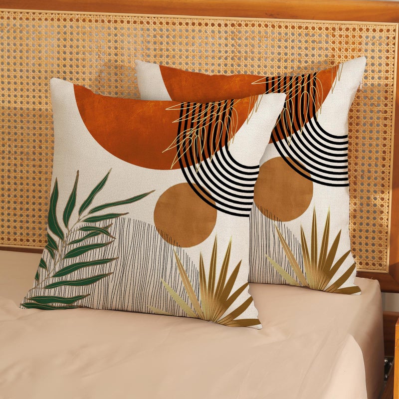 GOLIANDA Boho Pillow Covers 18x18 Set of 2 Green Gold Orange Throw Pillows Tropical Leaves Sunset Decor Modern Mid Century Pillowcase Outdoor Decorations Bohemian Linen Cushion Case for Couch Sofa Bed - Image 2