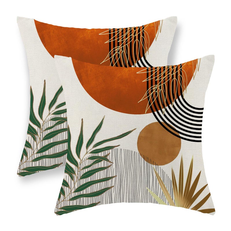 GOLIANDA Boho Pillow Covers 18x18 Set of 2 Green Gold Orange Throw Pillows Tropical Leaves Sunset Decor Modern Mid Century Pillowcase Outdoor Decorations Bohemian Linen Cushion Case for Couch Sofa Bed - Image 1