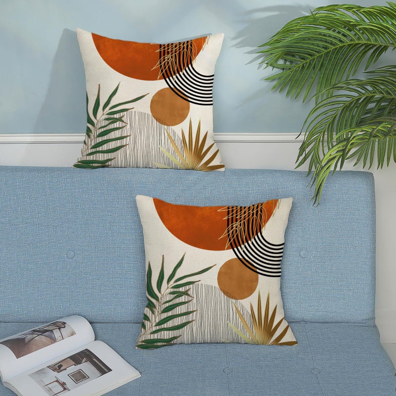 GOLIANDA Boho Pillow Covers 18x18 Set of 2 Green Gold Orange Throw Pillows Tropical Leaves Sunset Decor Modern Mid Century Pillowcase Outdoor Decorations Bohemian Linen Cushion Case for Couch Sofa Bed - Image 3