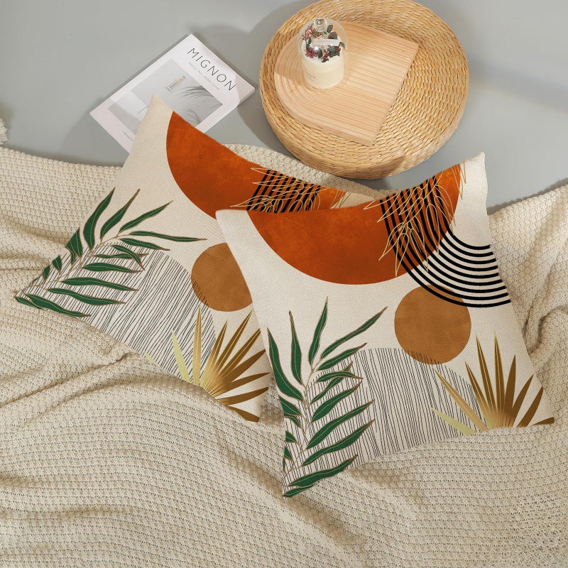 GOLIANDA Boho Pillow Covers 18x18 Set of 2 Green Gold Orange Throw Pillows Tropical Leaves Sunset Decor Modern Mid Century Pillowcase Outdoor Decorations Bohemian Linen Cushion Case for Couch Sofa Bed - Image 5