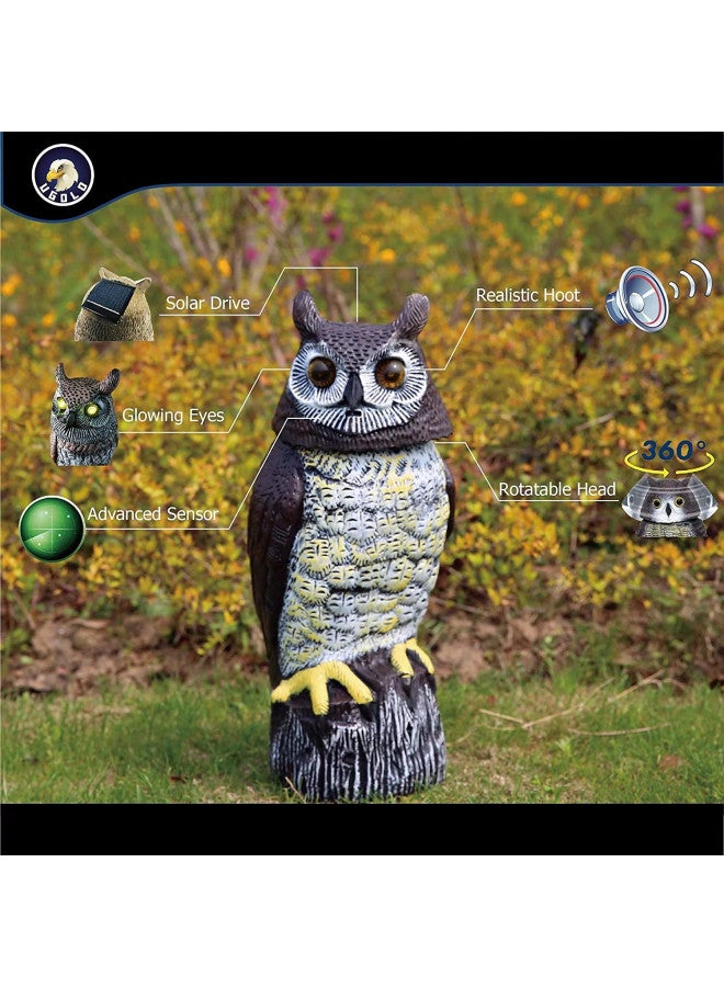 Ugold Solar Powered Owl with Motion Detection, Silent Mode, Flashing Eyes, Rotatable Head and Realistic Hoots, Plastic Owl Decoration for Home, Garden, Patio and Fence - Image 1