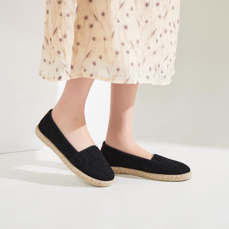 BABUDOG Women's Flats with Flower Embroideried,White Lace Ballet Flats,Comfortable Dress Flats(Black.US6) - Image 3