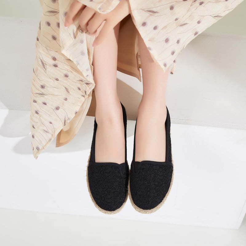 BABUDOG Women's Flats with Flower Embroideried,White Lace Ballet Flats,Comfortable Dress Flats(Black.US6) - Image 2