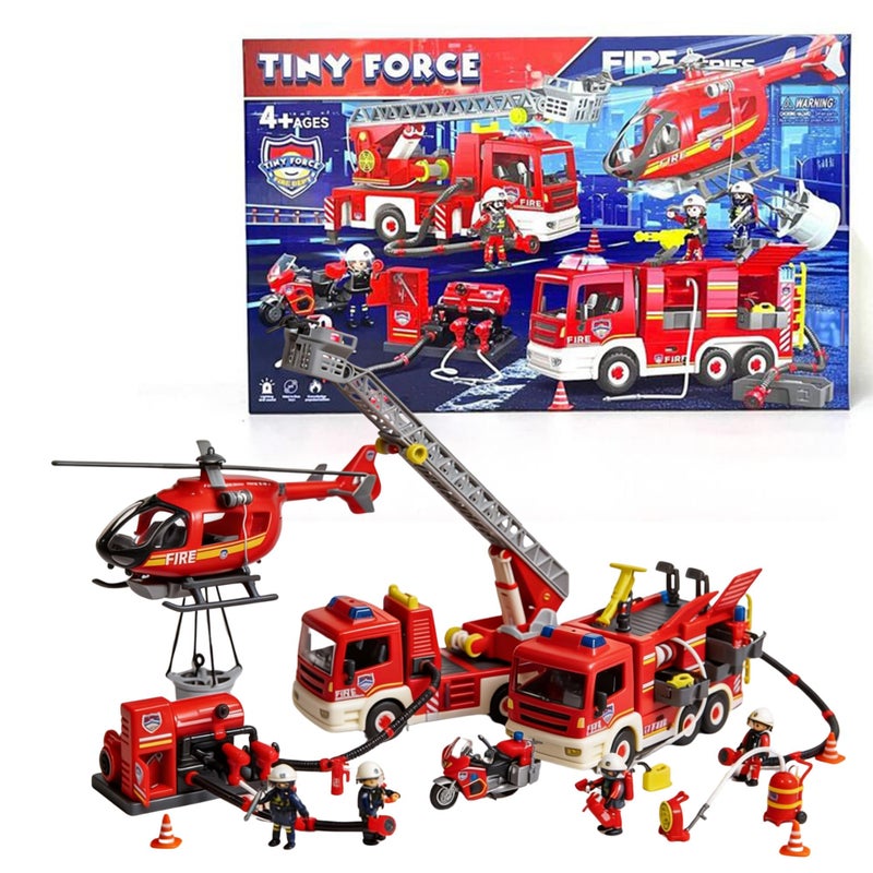 Tiny Force Fire Rescue Set Fire Truck with Ladder Toy Helicopter Motorcycle Fire Water Pump Emergency Pretend Play Toys for Kids Toddlers - Image 3