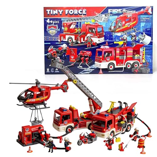 Tiny Force Fire Rescue Set Fire Truck with Ladder Toy Helicopter Motorcycle Fire Water Pump Emergency Pretend Play Toys for Kids Toddlers - Image 1