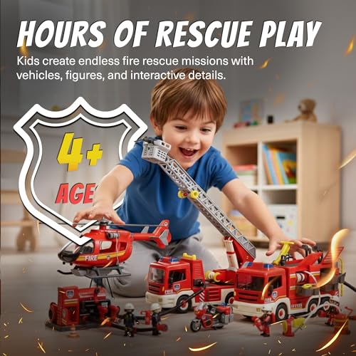 Tiny Force Fire Rescue Set Fire Truck with Ladder Toy Helicopter Motorcycle Fire Water Pump Emergency Pretend Play Toys for Kids Toddlers - Image 5