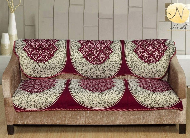 Nendle Luxurious Cotton Abstract Design 5 Seater Sofa Cover Set (Maroon, 6 Pieces) - Image 2
