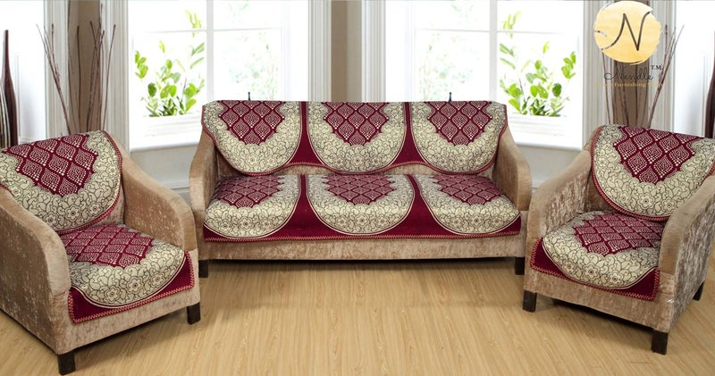 Nendle Luxurious Cotton Abstract Design 5 Seater Sofa Cover Set (Maroon, 6 Pieces) - Image 5
