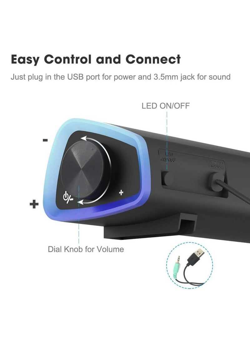 LOOPITYS - USB Wired Computer Speaker, RGB Computer Sound Bar Desktop Speaker, 3D Stereo Surround Sound Box with Volume Knob 3.5mm Audio Input for Desktop PC Laptop Smartphone Tablet - Image 1