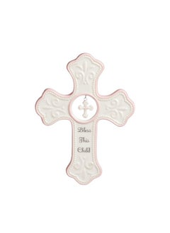 DEMDACO DEMDACO Bless This Child Soft Pink 7 x 5 Porcelain Ceramic Hanging Wall Cross  - Image 1