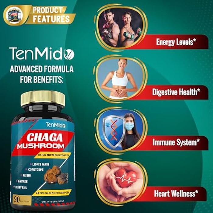 Tenmido Chaga Mushroom Extract Capsules & Lions Mane, Cordyceps and More | Digestive Health, Vitality Support | Energy Boost, Rich in Health & Nutrients, 3 Months Supply - Image 5