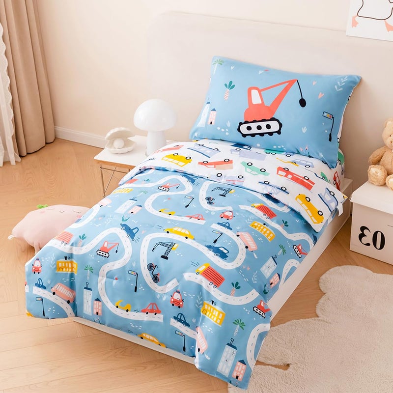 PERFEMET 4-Piece Toddler Bedding Set Boys Cars Toddler Comforter with Sheets Reversible Lightweight Blue Vehicles Toddler Bed Set for Crib(Blue, Cars) - Image 2