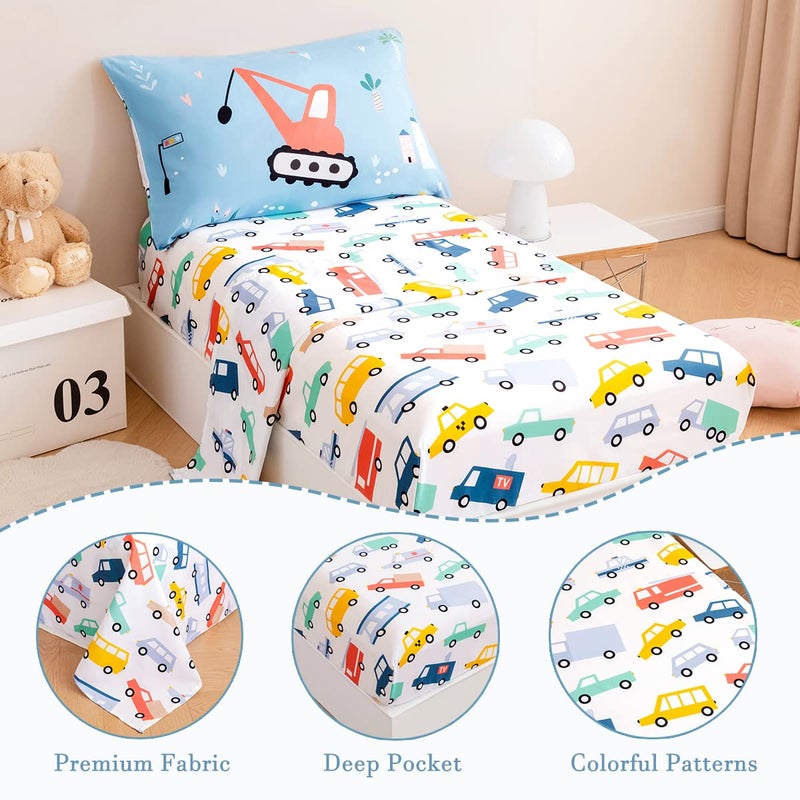 PERFEMET 4-Piece Toddler Bedding Set Boys Cars Toddler Comforter with Sheets Reversible Lightweight Blue Vehicles Toddler Bed Set for Crib(Blue, Cars) - Image 4