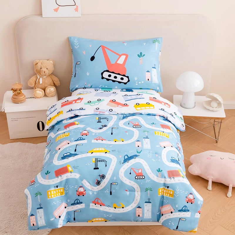 PERFEMET 4-Piece Toddler Bedding Set Boys Cars Toddler Comforter with Sheets Reversible Lightweight Blue Vehicles Toddler Bed Set for Crib(Blue, Cars) - Image 1