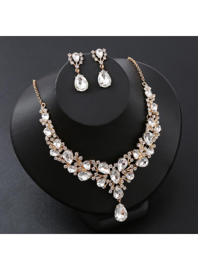 Water Drops Super Flash Rich Bride Necklace Three-piece Set Zircon New Necklace Gem Short Crystal