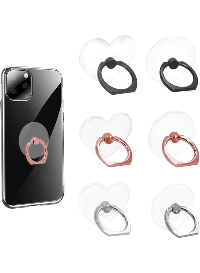 Green Tiger 6 Pcs Transparent Mobile Phone Ring Holder, Round and Heart-shaped 360 Degree Rotating Universal Ring Buckle Grip Stand for Smartphones, Tablets - Image 1
