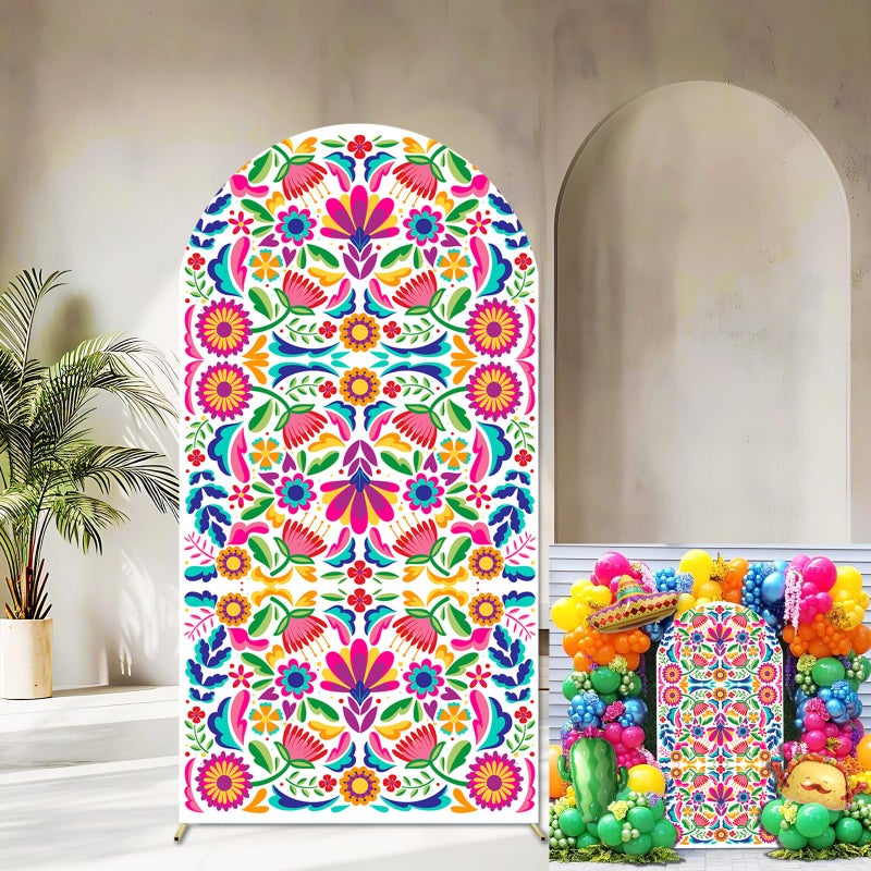 Sensfun Mexican Fiesta Arch Backdrop Cover Cinco De Mayo Birthday Baby Shower Decorations,2-Sided Colorful Mexican Otomi Flowers Backdrop Arch Covers for Mexico Talavera Wedding Party Decor 2.6x6ft - Image 1