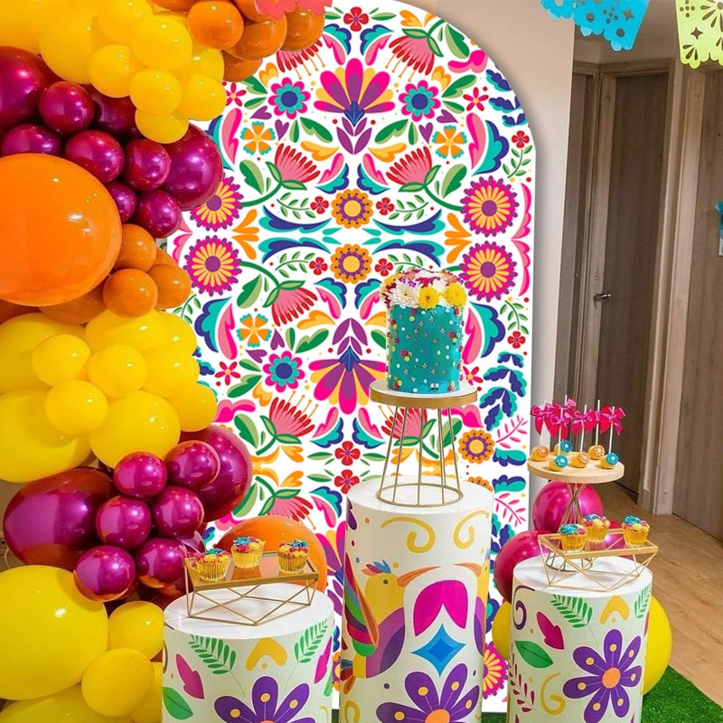 Sensfun Mexican Fiesta Arch Backdrop Cover Cinco De Mayo Birthday Baby Shower Decorations,2-Sided Colorful Mexican Otomi Flowers Backdrop Arch Covers for Mexico Talavera Wedding Party Decor 2.6x6ft - Image 4