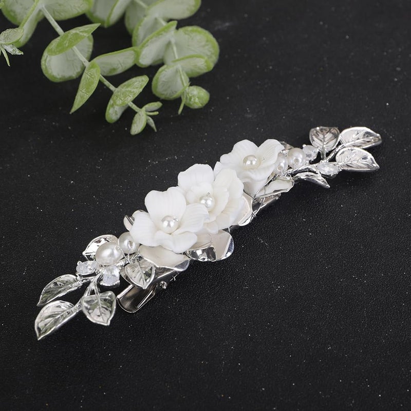 Rumtock Silver Leaf White Flowe Hair Clip for Women Girls Wedding Bridal Hair Accessories Handmade Side Headpiece Banquet Prom Silver 