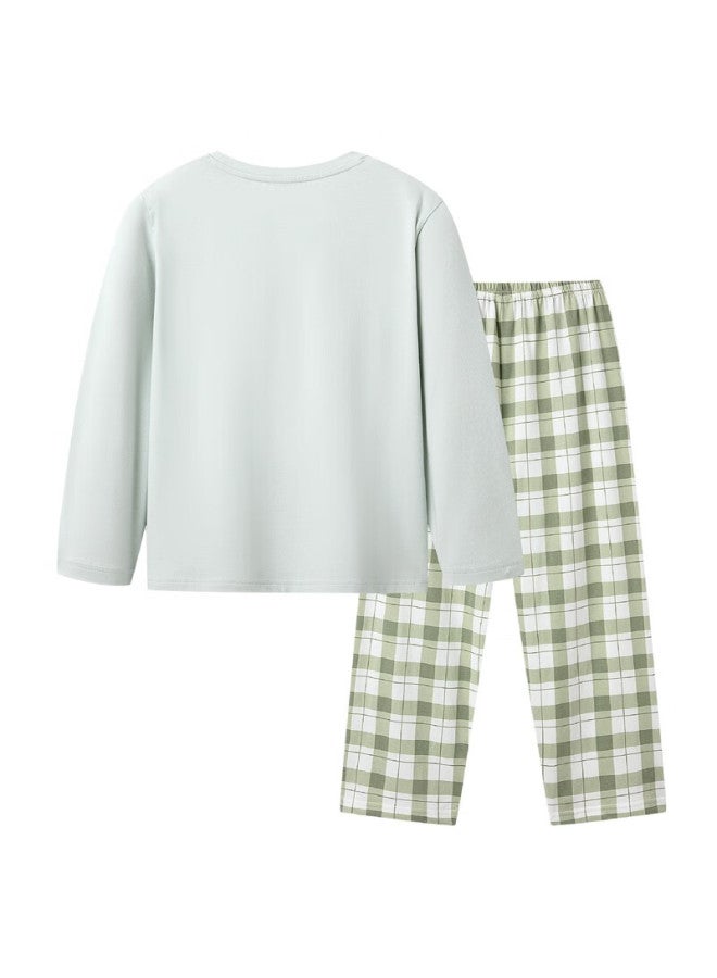 Threegun Kids' Soft Cotton Round Neck Long Sleeve Long Pants Home Wear Set Green 120 - Image 2