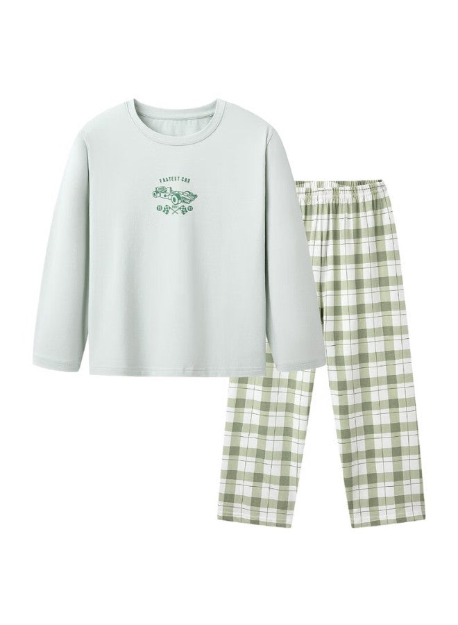 Threegun Kids' Soft Cotton Round Neck Long Sleeve Long Pants Home Wear Set Green 120 - Image 1