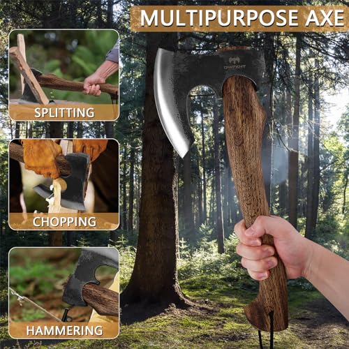 DWFKHT Hatchet, 15.7" Camping Axe with Leather Sheath, Bushcraft Axe with 1065 Carbon Steel & Beech Handle, Survival Hatchet for Wood Splitting and Chopping - Perfect for Gardening and Outdoor - Image 5