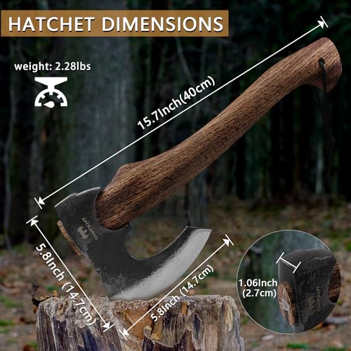 DWFKHT Hatchet, 15.7" Camping Axe with Leather Sheath, Bushcraft Axe with 1065 Carbon Steel & Beech Handle, Survival Hatchet for Wood Splitting and Chopping - Perfect for Gardening and Outdoor - Image 2