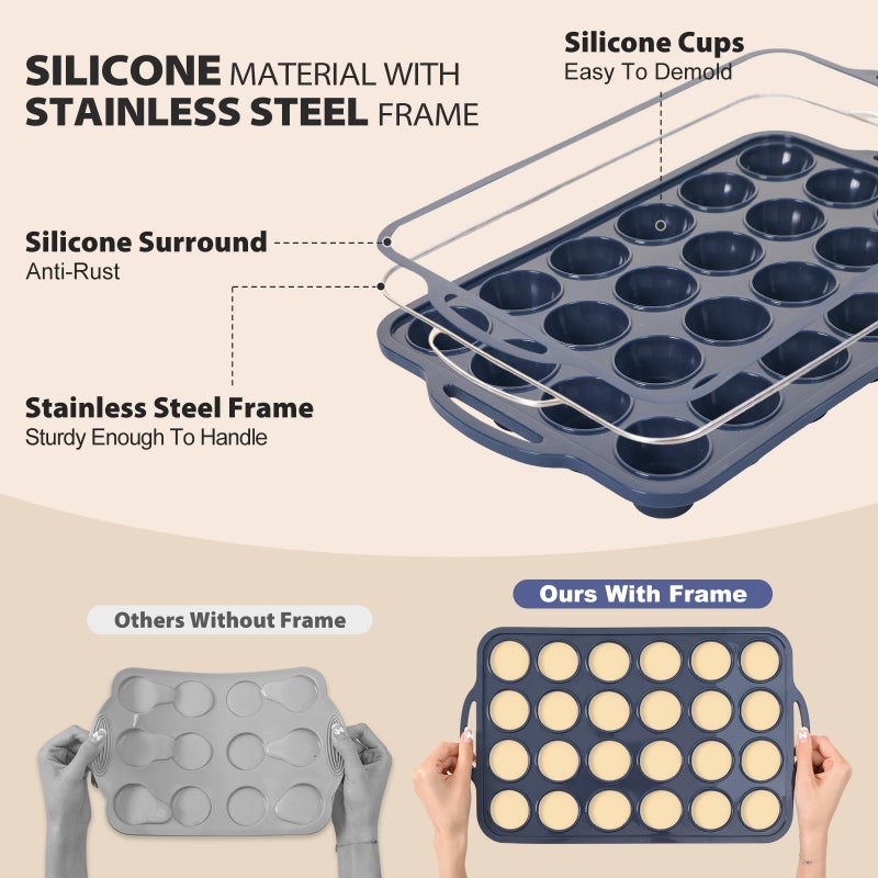Vnray Mini Silicone Muffin Pan with Metal Frame, Non Stick Silicone Cupcake Pan with Handles 24 Cup, BPA Free Silicon Muffin Tin Tray Small for baking, egg bites, Cupcake Mold Grey - Image 3