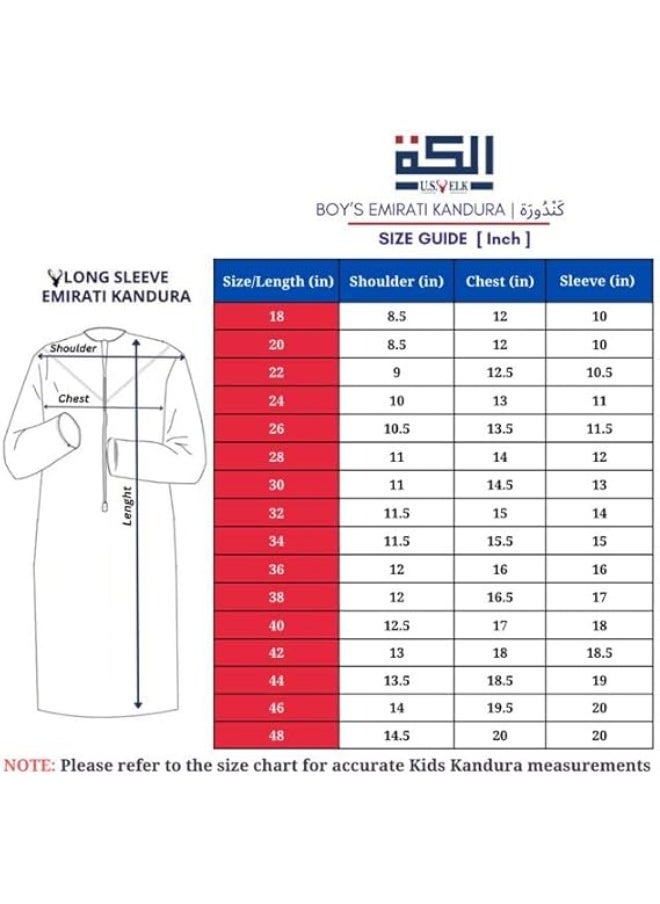 Boy’s Emirati Kandura | Stitched Traditional Kids Arabic Thobe, Dishdasha, Kaftan for Boys | Long Sleeve Islamic Arab Dress with Side Pocket