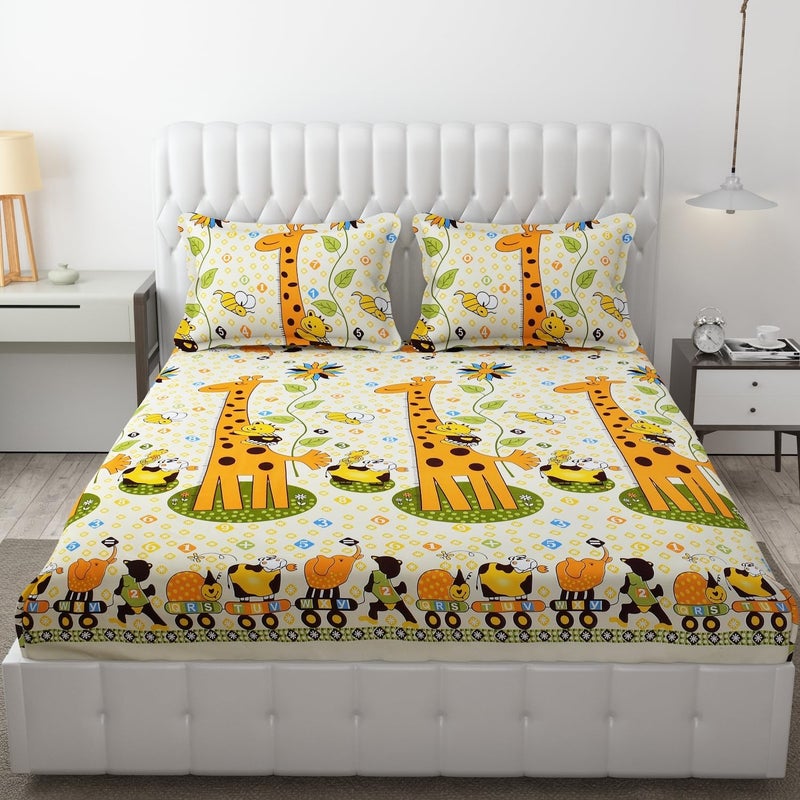 PaniPatEmporiums Premium Cotton Elastic Fitted Wrinkle Free Soft Hypoallergenic Bed Sheet Cartoon Printed Double Bed King Size Kids Bedsheet 90X95 InchesZiraffe Yellow144 TC  - Image 1