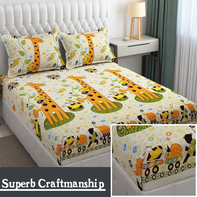 PaniPatEmporiums Premium Cotton Elastic Fitted Wrinkle Free Soft Hypoallergenic Bed Sheet Cartoon Printed Double Bed King Size Kids Bedsheet 90X95 InchesZiraffe Yellow144 TC  - Image 5