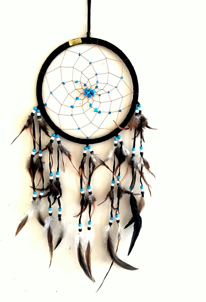 OMA Dream Catcher Dreamcatcher - Black Suede with Turquoise Stone - Handmade, Large Size - 28" Long x 9" Diameter - OMA Brand (Black) - Image 1