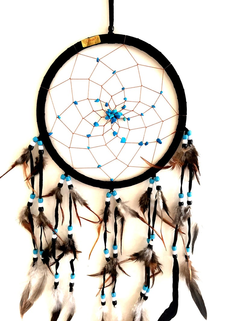 OMA Dream Catcher Dreamcatcher - Black Suede with Turquoise Stone - Handmade, Large Size - 28" Long x 9" Diameter - OMA Brand (Black) - Image 3