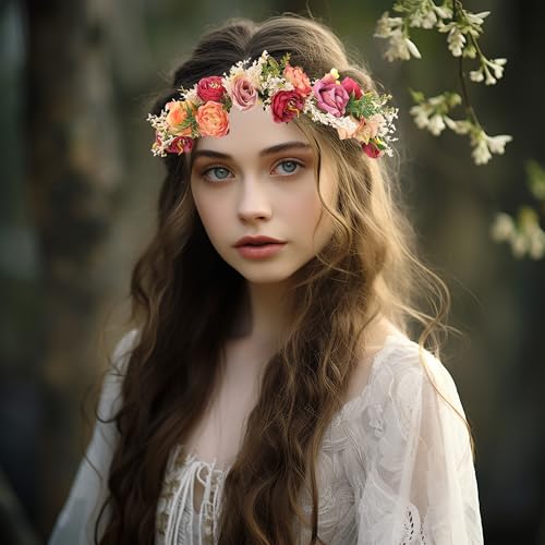Vivivalue Women Floral Crown Rose Flower Headband Hair Wreath Floral Headpiece Halo Boho with Ribbon Wedding Party Festival Photos - Image 2