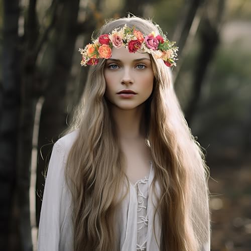 Vivivalue Women Floral Crown Rose Flower Headband Hair Wreath Floral Headpiece Halo Boho with Ribbon Wedding Party Festival Photos - Image 4