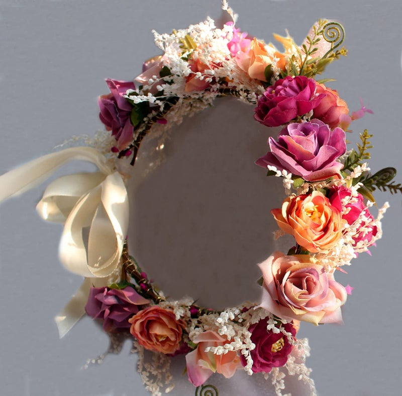 Vivivalue Women Floral Crown Rose Flower Headband Hair Wreath Floral Headpiece Halo Boho with Ribbon Wedding Party Festival Photos - Image 3