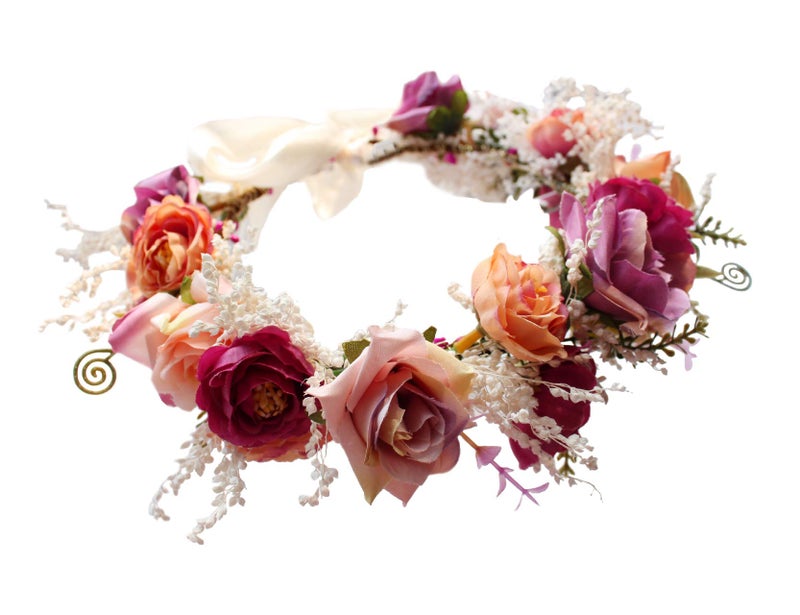 Vivivalue Women Floral Crown Rose Flower Headband Hair Wreath Floral Headpiece Halo Boho with Ribbon Wedding Party Festival Photos - Image 1