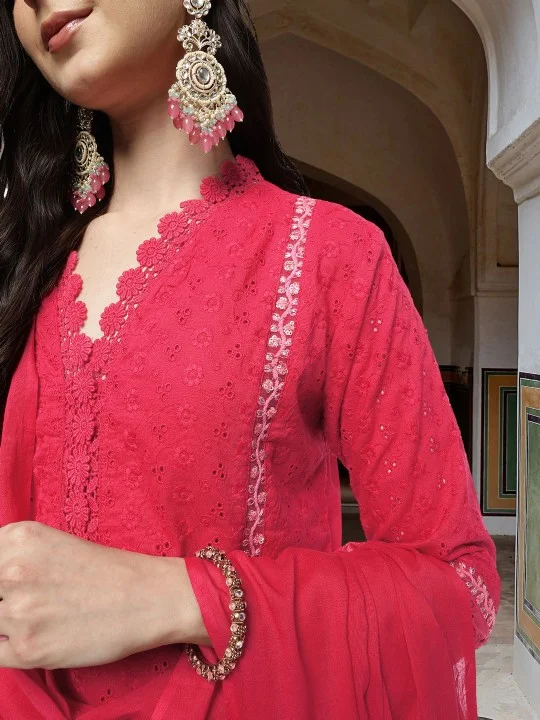 ISHIN Women'S Pink 100% Cotton Embellished Tunic Full Length Pleat Front Straight Fit Kurta Set