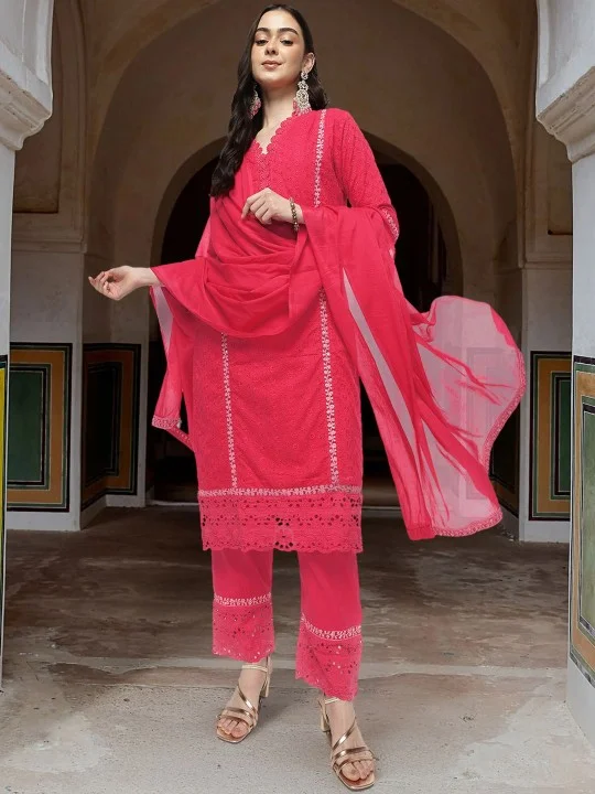 ISHIN Women'S Pink 100% Cotton Embellished Tunic Full Length Pleat Front Straight Fit Kurta Set