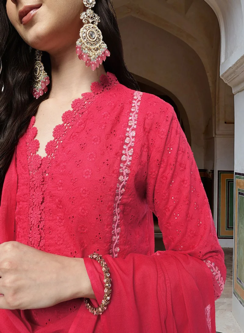 Ishin Women'S Pink 100% Cotton Embellished Tunic Full Length Pleat Front Straight Fit Kurta Set